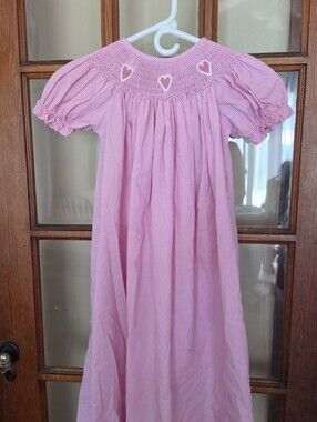 DELANEY Girls Size 6 Pink Gingham Smocked Bishop Dress Heart Embroidery Boutique